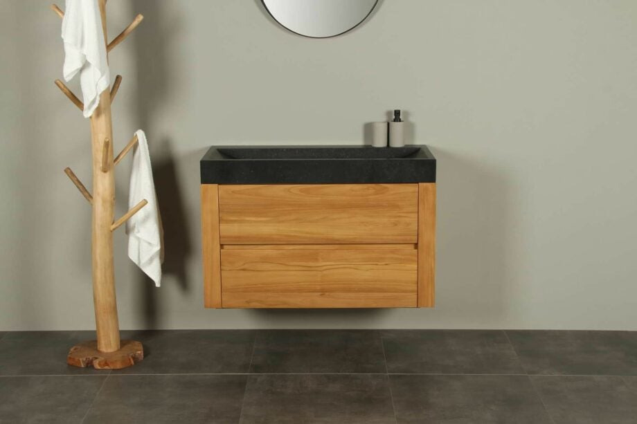 Badmöbel Teakholz Ambang 100 cm Waschbecken Basaltstein zk