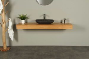 Tischplatte Organic 170 cm Hängeschrank Teakholz Waschbecken