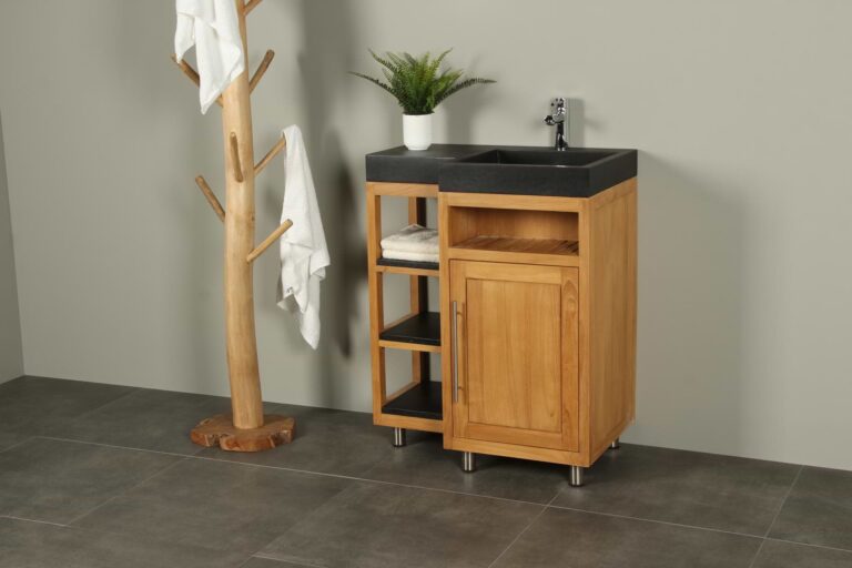 Kerinci Cabinet Teakholz WaschtischTür Rechts Terrazzo Waschbecken 75 cm