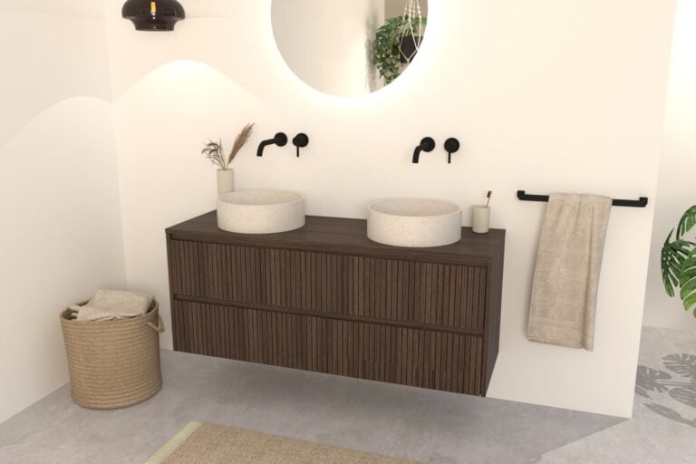 Dunkel Eiche Badmöbel Nila 140 cm – Riffelfront mit 4 Softclose-Schubladen