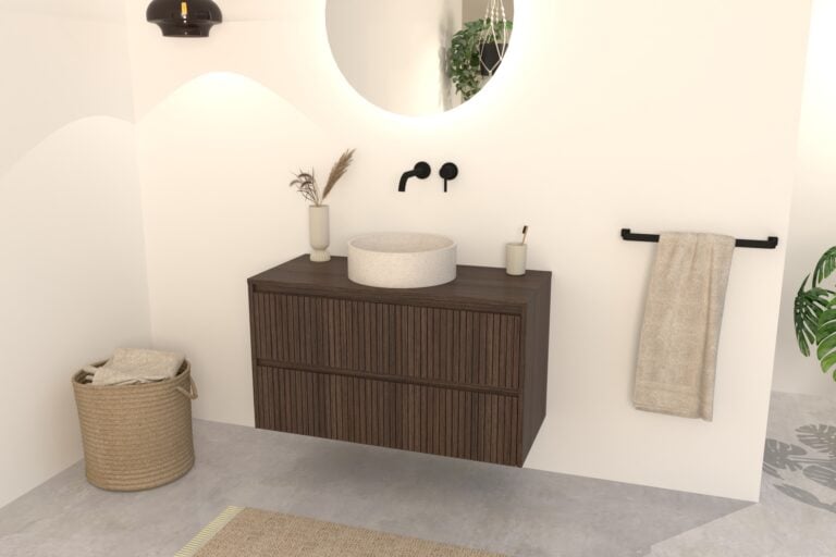 Dunkel Eiche Badmöbel Nila 100 cm – Riffelfront mit Softclose-Schubladen