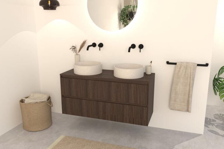 Dunkel Eiche Badmöbel Nila 120 cm – Riffelfront mit 4 Softclose-Schubladen