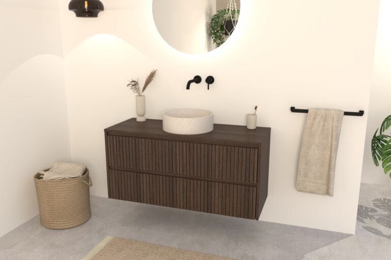 Dunkel Eiche Badmöbel Nila 120 cm – Riffelfront mit 2 Softclose-Schubladen