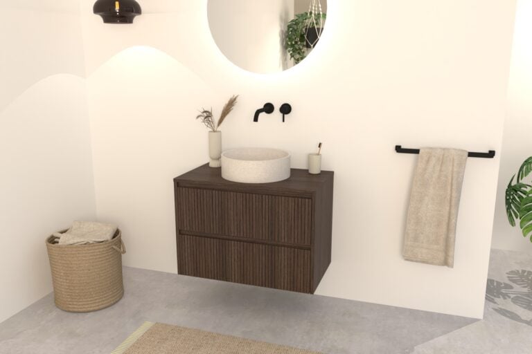 Dunkel Eiche Badmöbel Nila 80 cm – Riffelfront mit 2 Softclose-Schubladen