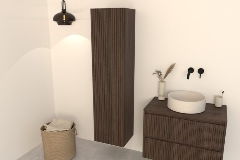 Dunkel Eiche Hochschrank Manaro – Riffelfront mit Softclose-Scharniere