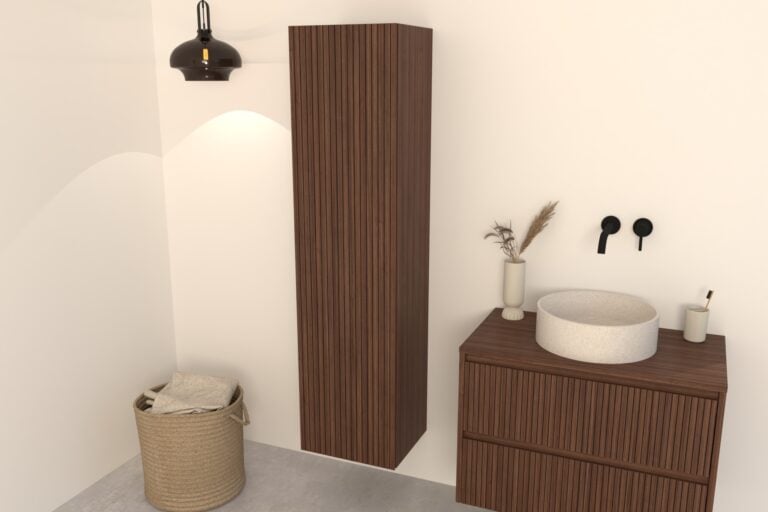 Walnuss-Hochschrank Manaro – Riffel-Front mit Softclose-Scharniere