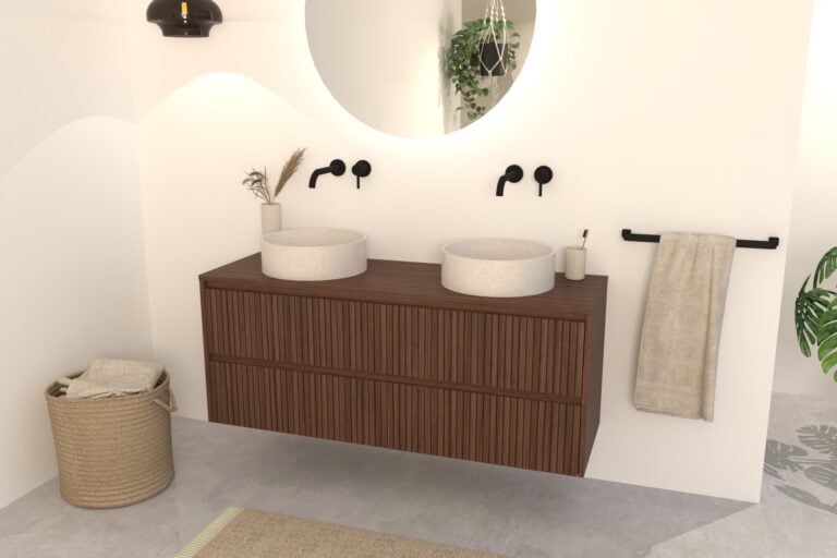 Walnuss-Badmöbel Nila 140 cm – Riffel-Front mit 4 Softclose-Schubladen