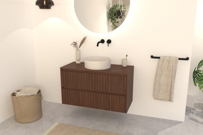 Walnuss-Badmöbel Nila 100 cm – Riffel-Front mit Softclose-Schubladen