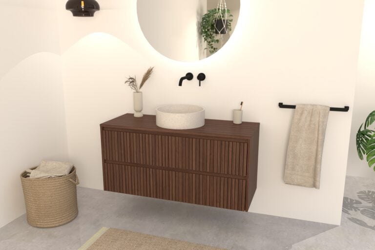 Walnuss-Badmöbel Nila 120 cm – Riffel-Front mit Softclose-Schubladen