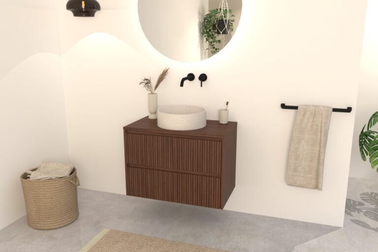 Walnuss-Badmöbel Nila 80 cm – Riffel-Front mit Softclose-Schubladen